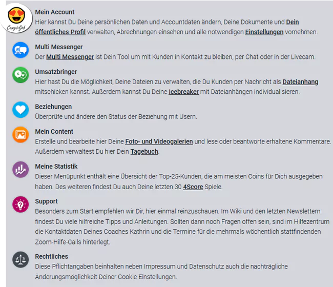 Übersicht der Punkte im Dashboard für Adult Content Creators bei Livecreator